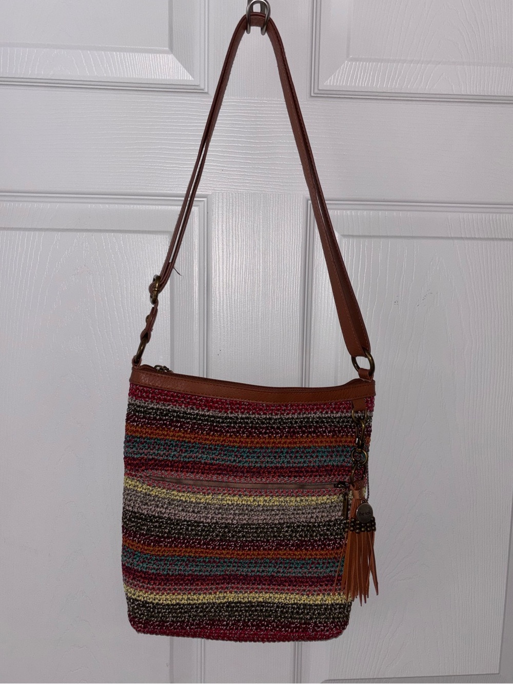 The Sak Lucia Crochet Crossbody Bag with Brown Trim
